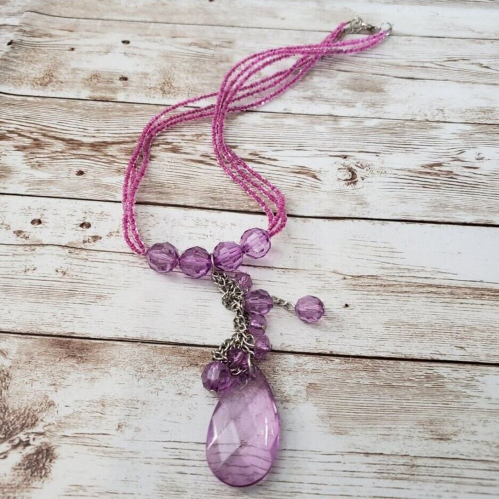 Vintage Necklace - Purple & Pink Beaded Statement Necklace with Pendant